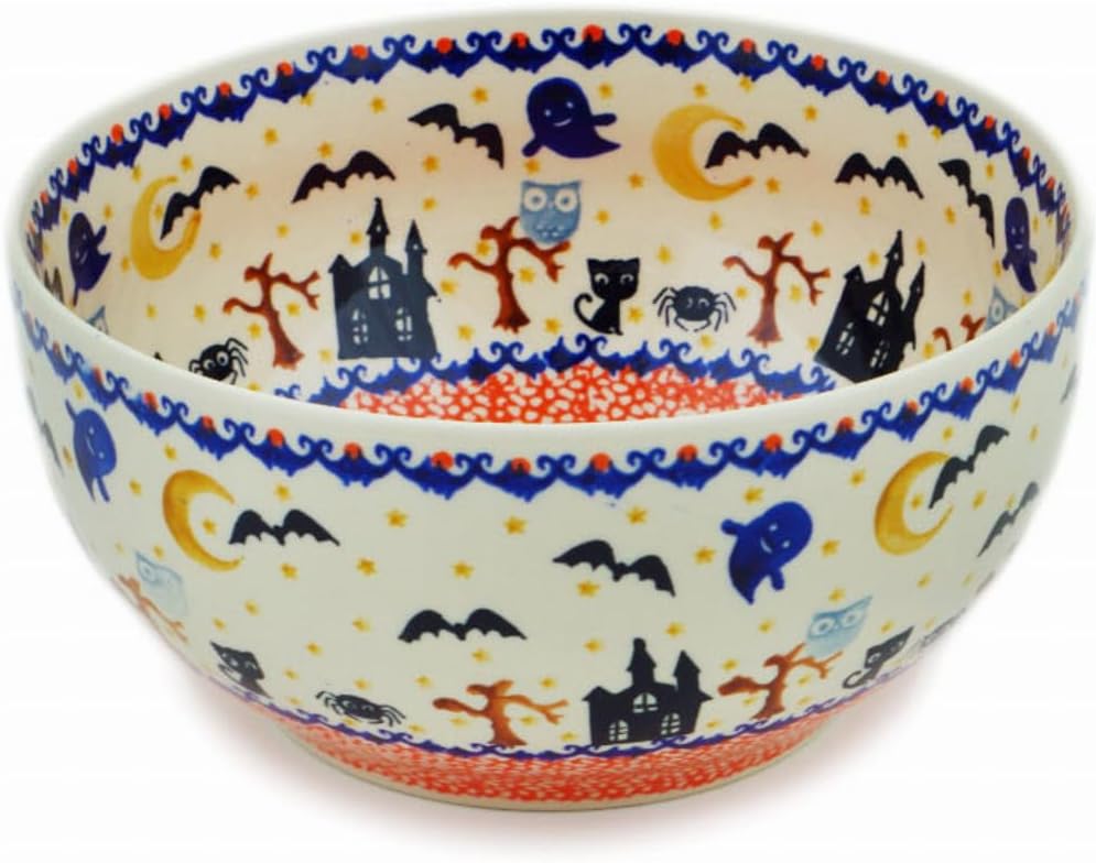 Authentic Polish Pottery Mixing bowl, serving bowl 9-inch in Halloween Spooky Vibe Design Handmade in Bolesławiec Poland by Ceramika Bona + Certificate of Authenticity