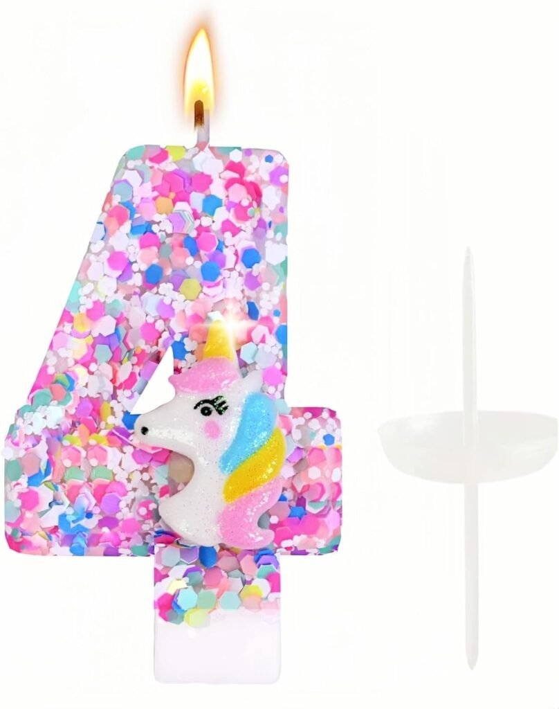 Unicorn Number Birthday Candles Decoration, Unicorn Themed Birthday Party Supplies, Glitter Sequin Birthday Cake Topper for Boy Girl Kids (Number 4)