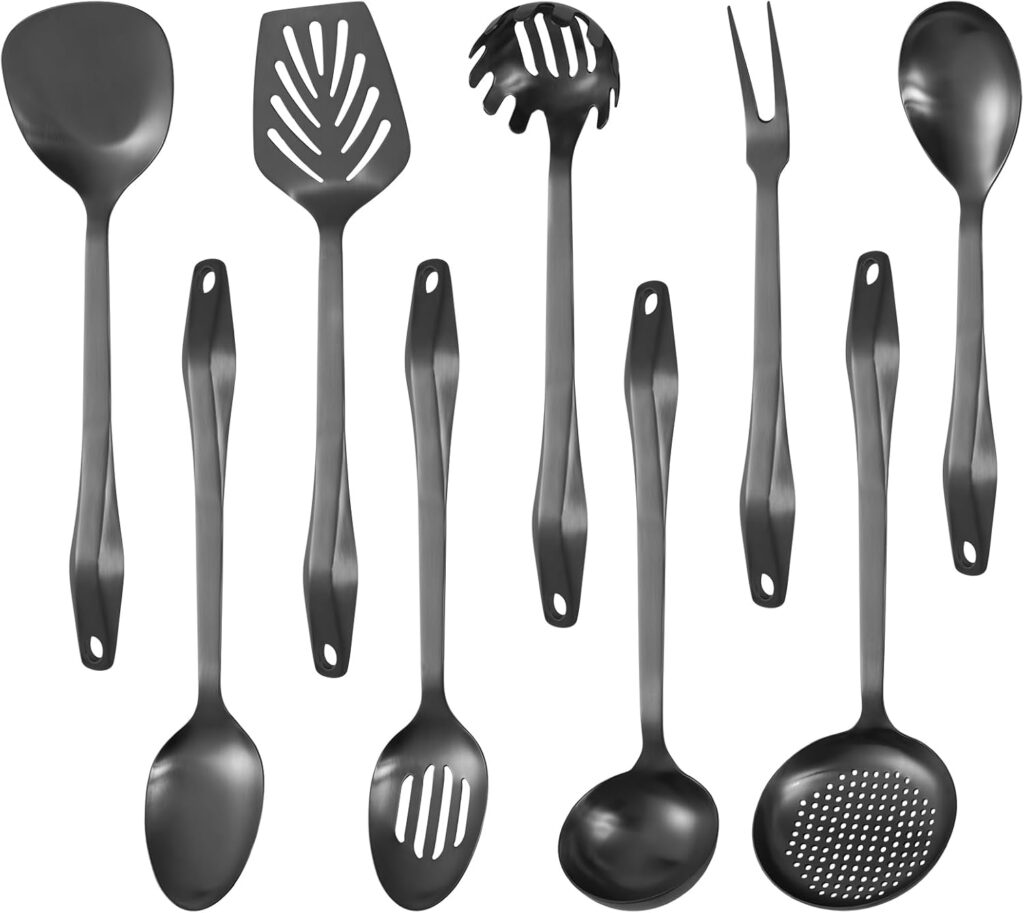 304 Stainless Steel Kitchen Utensil Set – 9pcs Cooking Utensils, Metal Kitchen Utensil Spatula Sets Cookware,High temperature resistance Kitchen Tool Set for Hanging Dishwasher Safe（Black）