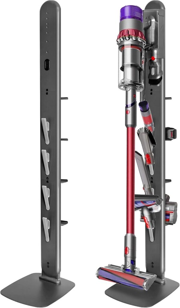 Metal Vacuum Stand for Dyson Gen5 V15 V12 V11 V10 V8 V7 V6 Cordless Vacuum Organizer with 4 Hooks & 4 Shelves, Hidden Cable Design, Space-Saving Attachment Holder for Dyson Cordless Vacuums
