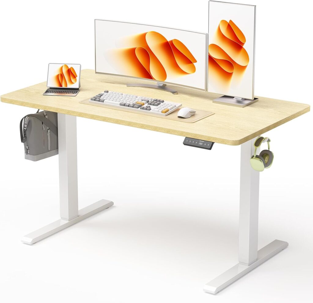 48×24 Inches Height Adjustable Electric Standing Desk with 2 Hooks for Home Office, Ergonomic Sit Stand up Desk with Splice Board, Oak