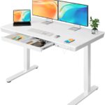 ErGear Electric Standing Desk with Drawers & USB Charging Ports, 48 x 24 Wood Height Adjustable Desk Whole Piece Home Office Computer Desk, White