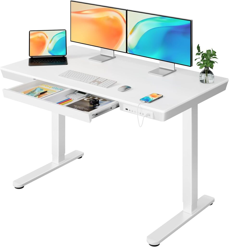 ErGear Electric Standing Desk with Drawers & USB Charging Ports, 48 x 24 Wood Height Adjustable Desk Whole Piece Home Office Computer Desk, White