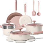 CAROTE Pots and Pans Set Nonstick, Ceramic Cookware Set, Pink Cooking Set Kitchen Induction Set with Steamer, PFAS PTFE Free,15 Piece