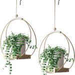 Macrame Plant Hangers with Wood Base -2 Pack Boho Hanging Plant Holder for Indoor Plants Hanging Planters for Wall/Window/Room Decor Gold (Pot & Plant Not Included)