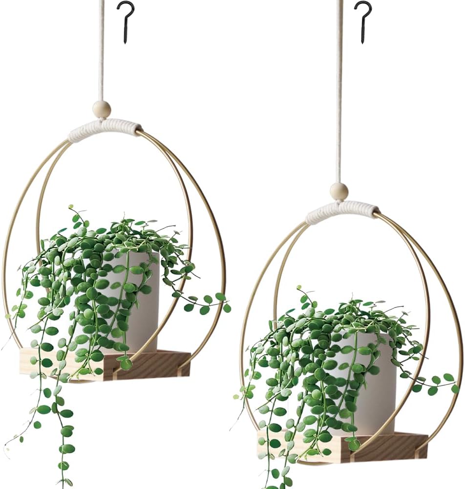 Macrame Plant Hangers with Wood Base -2 Pack Boho Hanging Plant Holder for Indoor Plants Hanging Planters for Wall/Window/Room Decor Gold (Pot & Plant Not Included)