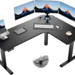 HUANUO 63″ Dual Motor L-Shaped Standing Desk, Built-in Power Outlets, Electric Height Adjustable Corner Computer Desk, Large Power Strip Holder, Sit Stand Up Desk with 3 Preset Heights, Black