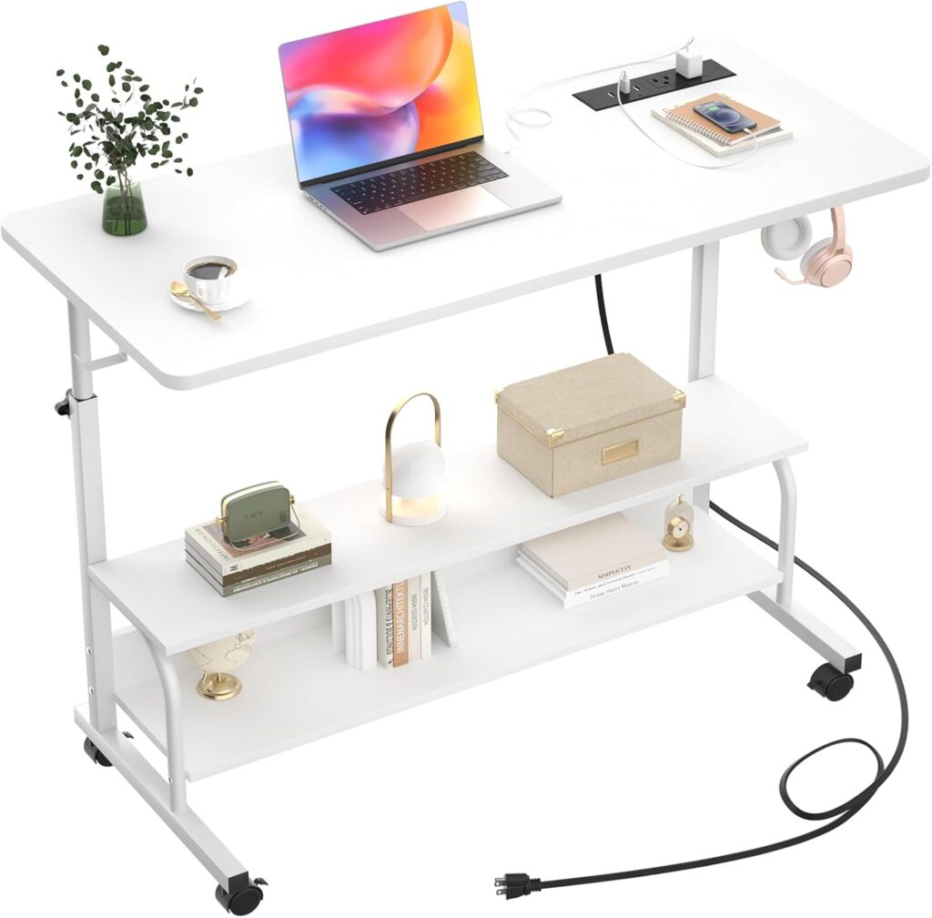 Armocity Height Adjustable Standing Desk with Power Outlets, 39″ Manual Stand Up Desk with Storage Shelves Small Mobile Rolling Computer Desk Portable Laptop Table with Wheels for Home Office, White