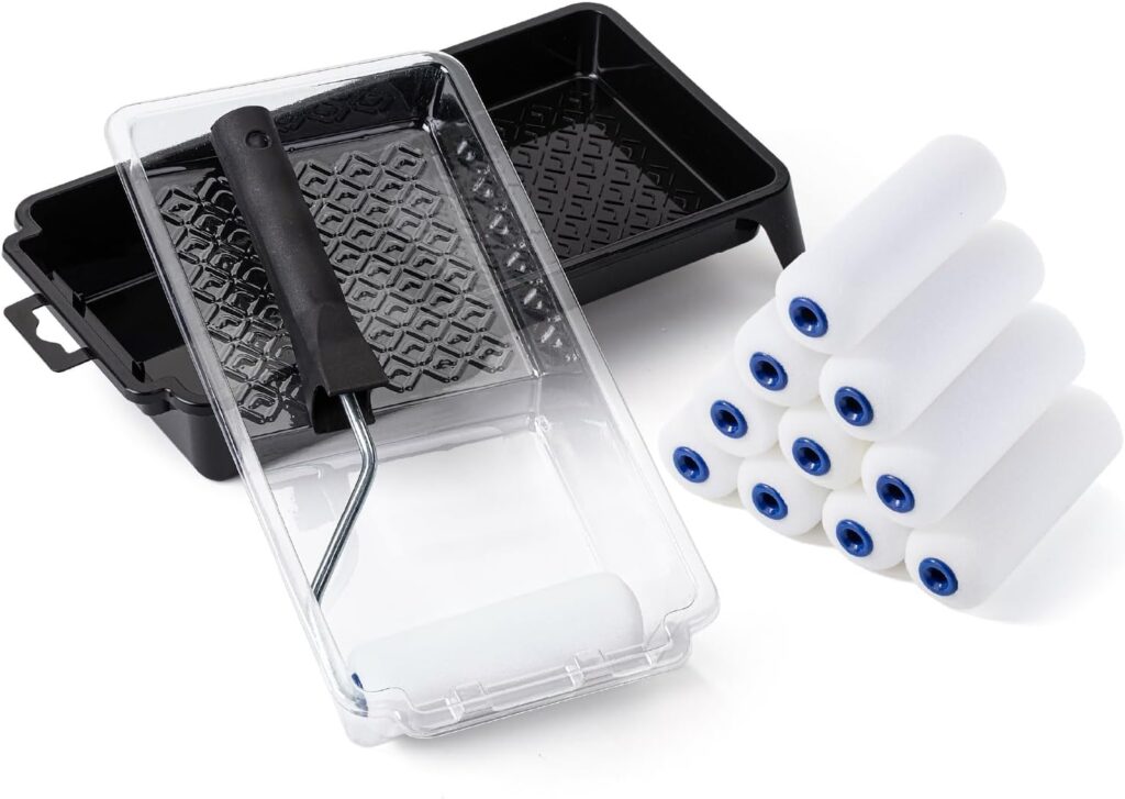 Bates- 4 Inch Foam Paint Roller Set, 15 pcs, Small Paint Roller Kit, 1x Black Plastic Paint Tray, 3X Transparent Tray Liners, 1x Roller Frame & 10x White Foam Covers