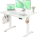 Claiks Glass Standing Desk, 40×24 Inch Small White Stand Up Desk Electric Adjustable Height Quick Install Computer Desk for Home Office, Super White