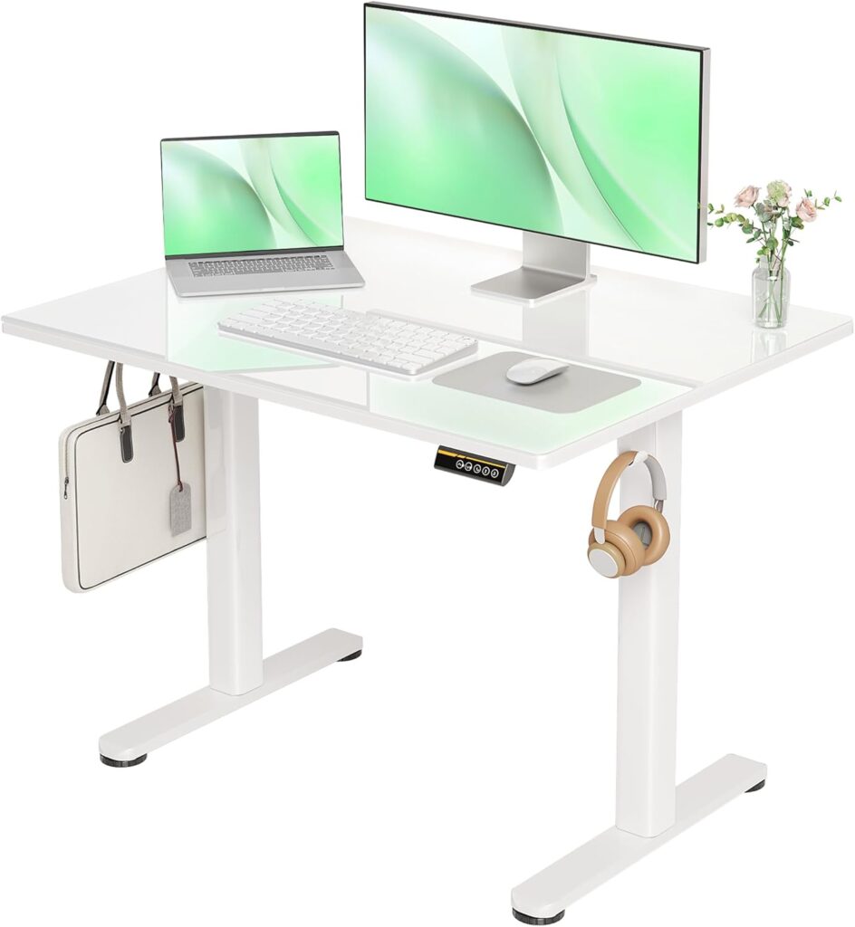 Claiks Glass Standing Desk, 40×24 Inch Small White Stand Up Desk Electric Adjustable Height Quick Install Computer Desk for Home Office, Super White