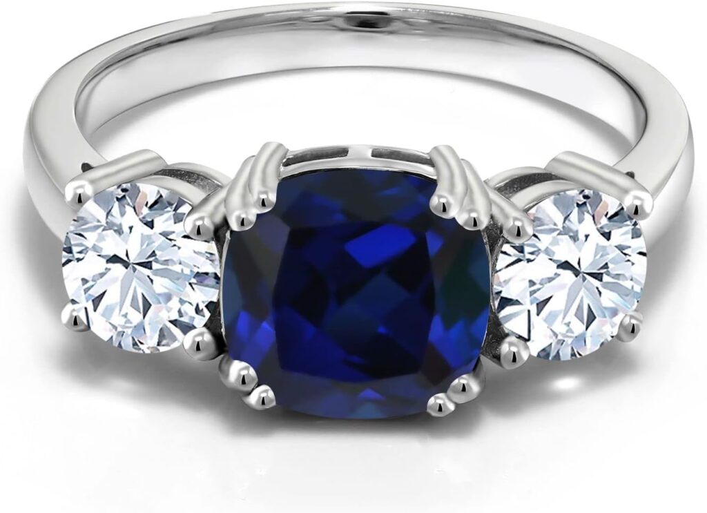 Gem Stone King 4.00 Cttw Blue Simulated Sapphire 3-Stone Engagement Ring For Women | 925 Sterling Silver | Gemstone Birthstone | Cushion 8MM and Round 5MM | 3 Stone Wedding Anniversary Promise Ring