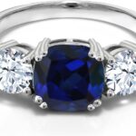 Gem Stone King 4.00 Cttw Blue Simulated Sapphire 3-Stone Engagement Ring For Women | 925 Sterling Silver | Gemstone Birthstone | Cushion 8MM and Round 5MM | 3 Stone Wedding Anniversary Promise Ring
