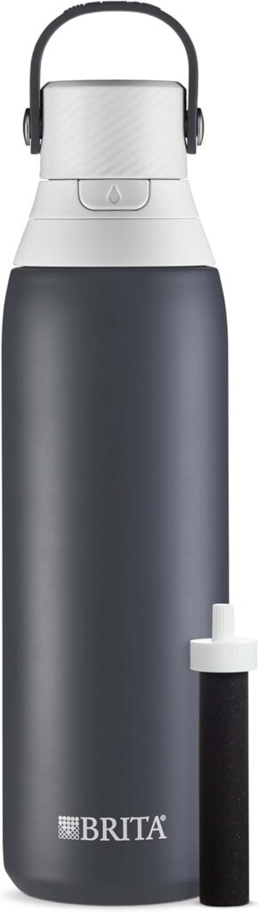 Brita Stainless Steel Premium Filtering Water Bottle, BPA-Free, Reusable, Insulated, Replaces 300 Plastic Water Bottles, Filter Lasts 2 Months or 40 Gallons, Includes 1 Filter, Carbon – 20 oz
