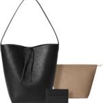 Genuine Leather Bucket Bag with Credit Card Holder Wallet, Large Calf Leather Hand Bag Calfskin Tote Bag
