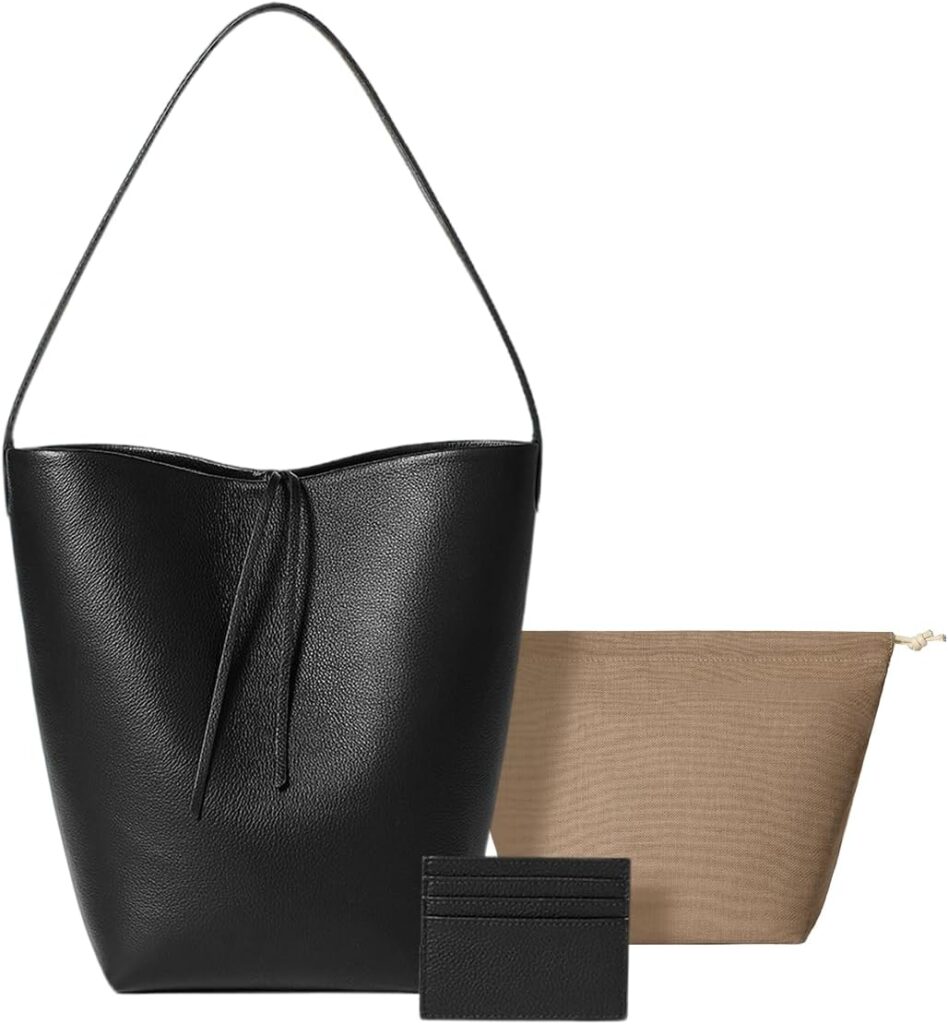 Genuine Leather Bucket Bag with Credit Card Holder Wallet, Large Calf Leather Hand Bag Calfskin Tote Bag