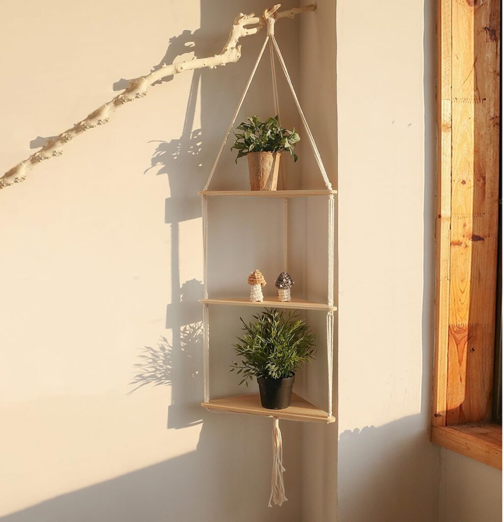 Artilady White Corner Floating Shelves Wall Hanging- Macrame 3 Tier Corner Shelf Plant Wall Decor Boho Rustic Wooden Storage Orgnizer for Bedroom Living Room Pots Photos