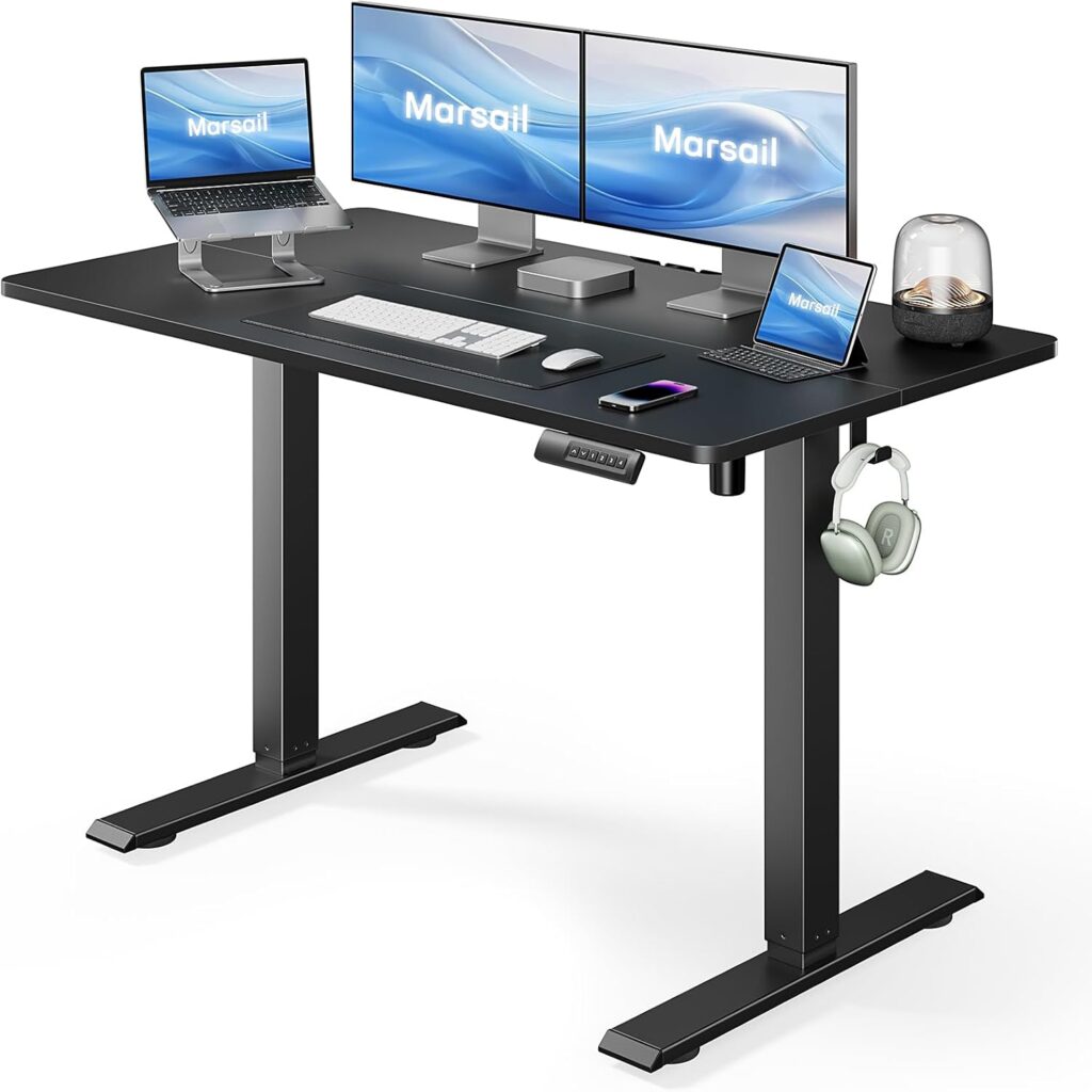 Marsail Standing Desk, Adjustable Height, Stand up Home Office Desk, 48×24 Inch Electric Standing Computer Desk, with 4 Memory Presets, Headphone Hook, Cable Organizer, Black