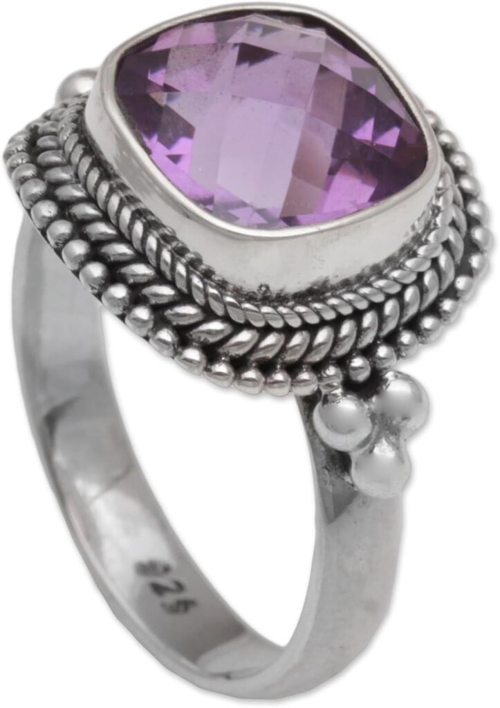 NOVICA Artisan Handmade Amethyst Cocktail Ring .925 Sterling Silver from Bali Purple Single Stone Indonesia Ultra Violet Birthstone ‘Purple Elegance’
