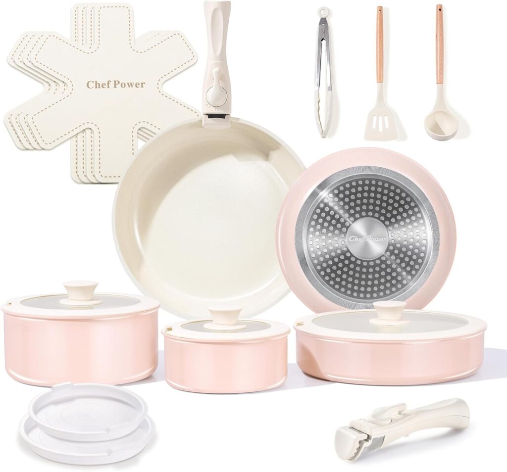 Chef Power Ceramic Cookware Sets, 19Pcs Pots and Pans Set with Detachable Handle, Induction Dishwasher Oven Safe Cookware Set, RV Kitchen Set Removable Handle, Light Pink