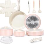 Chef Power Ceramic Cookware Sets, 19Pcs Pots and Pans Set with Detachable Handle, Induction Dishwasher Oven Safe Cookware Set, RV Kitchen Set Removable Handle, Light Pink