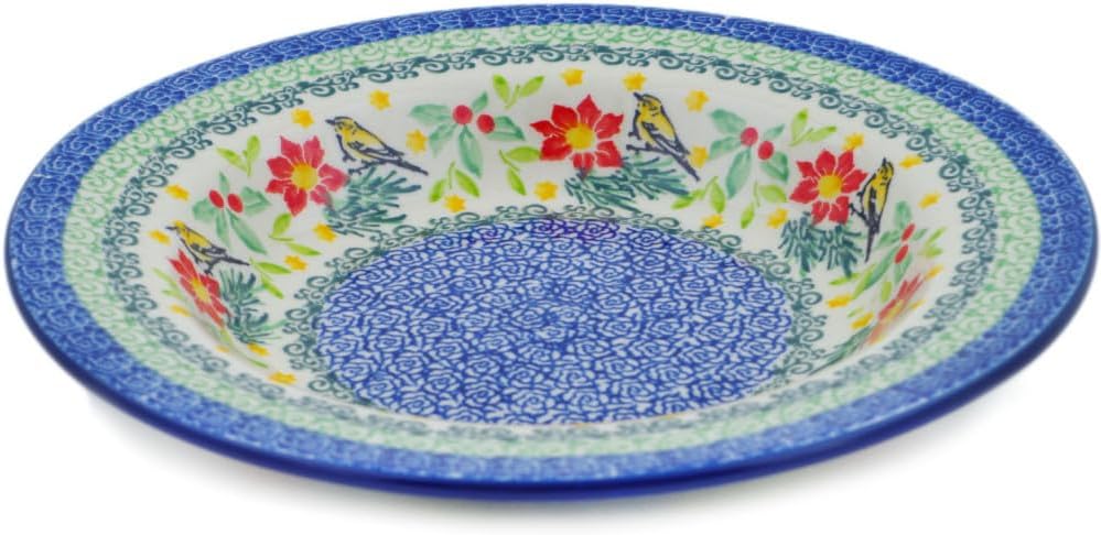 Authentic Polish Pottery Pasta Bowl 9-inch Signature UNIKAT in Festive Avian Delight Design Handmade in Bolesławiec Poland by Ceramika Artystyczna + Certificate of Authenticity