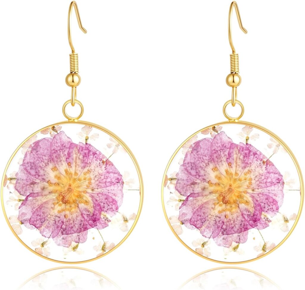 Real Pressed Flower Earrings for Women, Handmade Boho Chic Dangle Design, Unique Floral Jewelry, Cute and Thoughtful Gift for Christmas, Valentine’s & Mother’s Day
