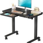 Small Standing Desk with Drawer, 35″ x 20″ Whole Piece Tabletop Electric Sit Stand Table, Height Adjustable Desk with Storage & USB Ports, Quick Install Home Office Computer Desk, Black