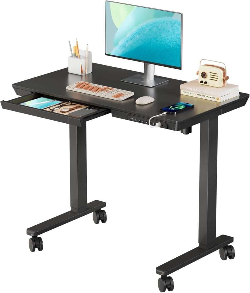 Small Standing Desk with Drawer, 35″ x 20″ Whole Piece Tabletop Electric Sit Stand Table, Height Adjustable Desk with Storage & USB Ports, Quick Install Home Office Computer Desk, Black