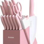 Astercook Knife Set, Kitchen Knives Set with Block and Sharpener Ceramic Coating 15 Pcs German Stainless Steel Knives Sharp Blade Dishwasher Safe Knife Block Set with Ergonomic Handle, Crystal Pink