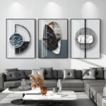 QKF Extra Large Frame Bright Geometry Abstract Canvas Wall Art Modern Home Living Room Bedroom Bathroom Wall Decor Poster & Prints Set of 3 Paintings 24″x 32″ (Black Ash, 24″ X 32″ X 3 pieces)