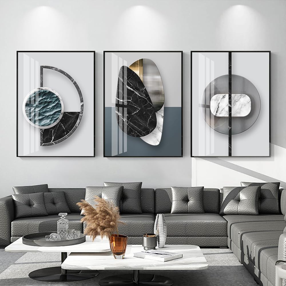 QKF Extra Large Frame Bright Geometry Abstract Canvas Wall Art Modern Home Living Room Bedroom Bathroom Wall Decor Poster & Prints Set of 3 Paintings 24″x 32″ (Black Ash, 24″ X 32″ X 3 pieces)