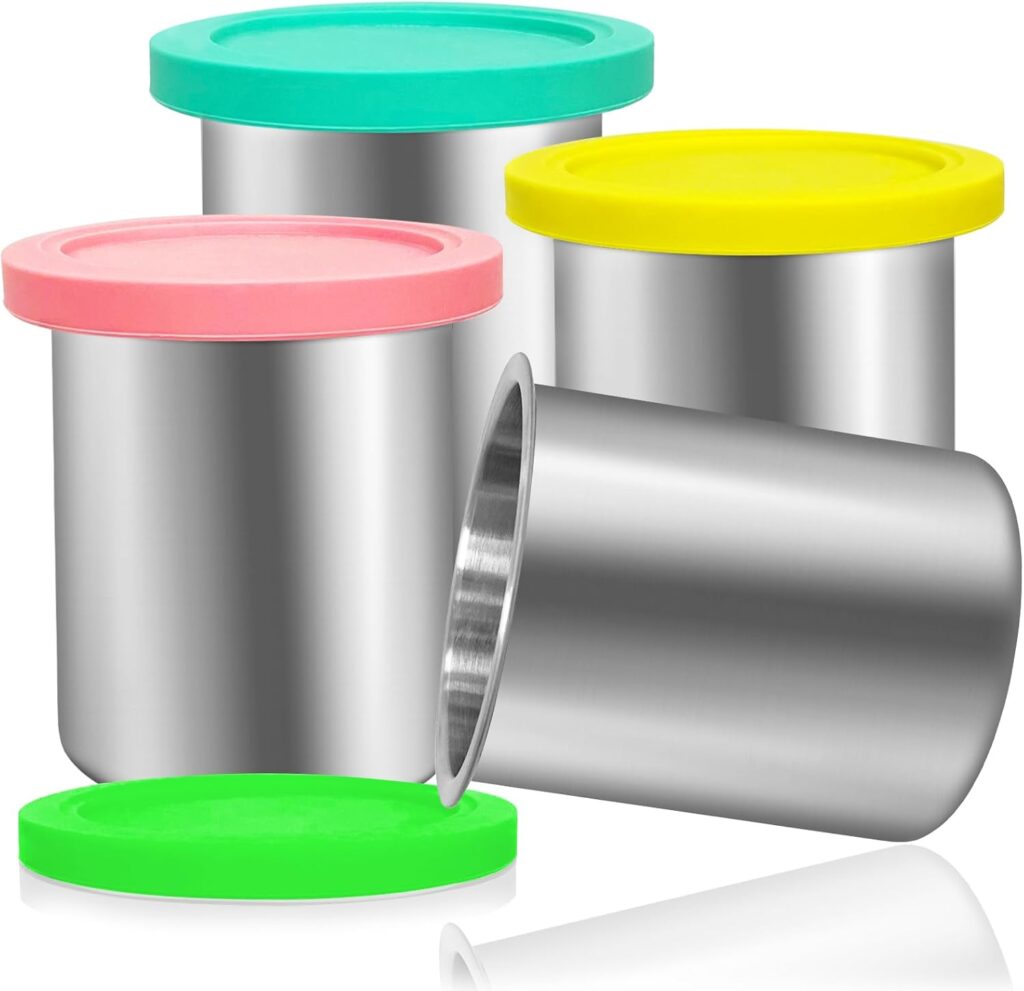 Stainless Steels Fit for Ninja Creami Containers- 4 Pack, 16oz Cups, Compatible with Ninja NC301, NC300, NC299AMZ, Fit for Ninja Creami Stainless Steel Pint, Silicone Lids, NC301 Creami Containers