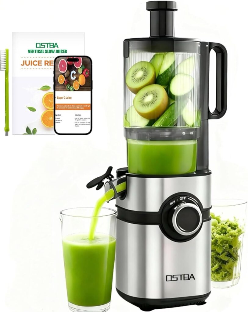 Cold Press Juicer, 5” Wide Feed Chute Juice Maker, OSTBA Juicer Machine for Whole Vegetables and Fruits, High Juice Yield, Easy to Clean, BPA Free