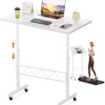 COMHOMA Small Standing Desk Adjustable Height & Tiltable Tabletop, Mobile Stand Up Desk for Laptop, Portable Computer Table for Home Office Work and Walking Pad Treadmill, Height 30.7″-46.4″, White