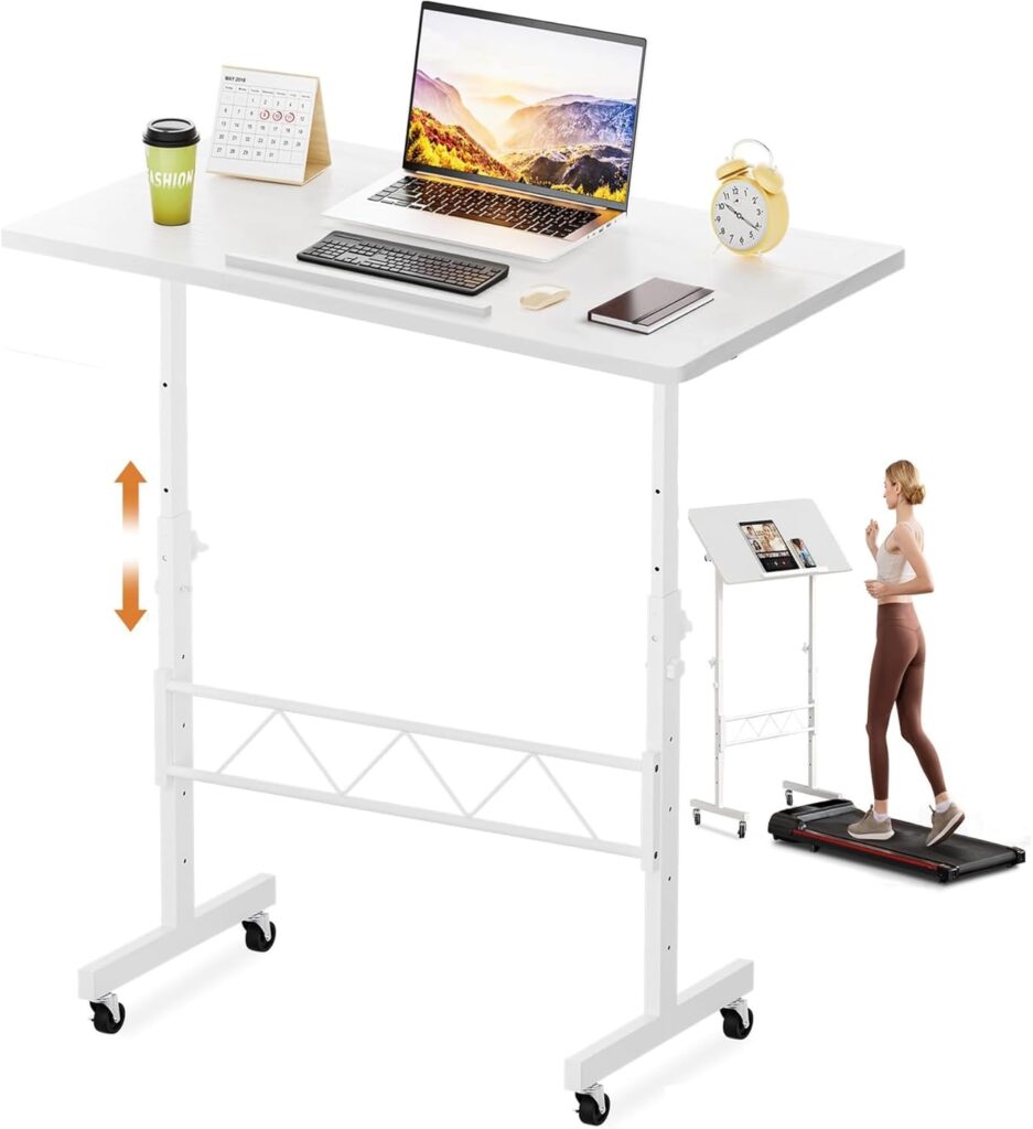 COMHOMA Small Standing Desk Adjustable Height & Tiltable Tabletop, Mobile Stand Up Desk for Laptop, Portable Computer Table for Home Office Work and Walking Pad Treadmill, Height 30.7″-46.4″, White