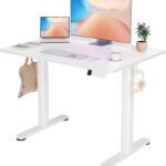 YDN Electric Standing Desk Adjustable Height, 40 x 24 Inches Stand up Desk with Cable Management, Home Office Desks with Splice Board & White Frame, White Top