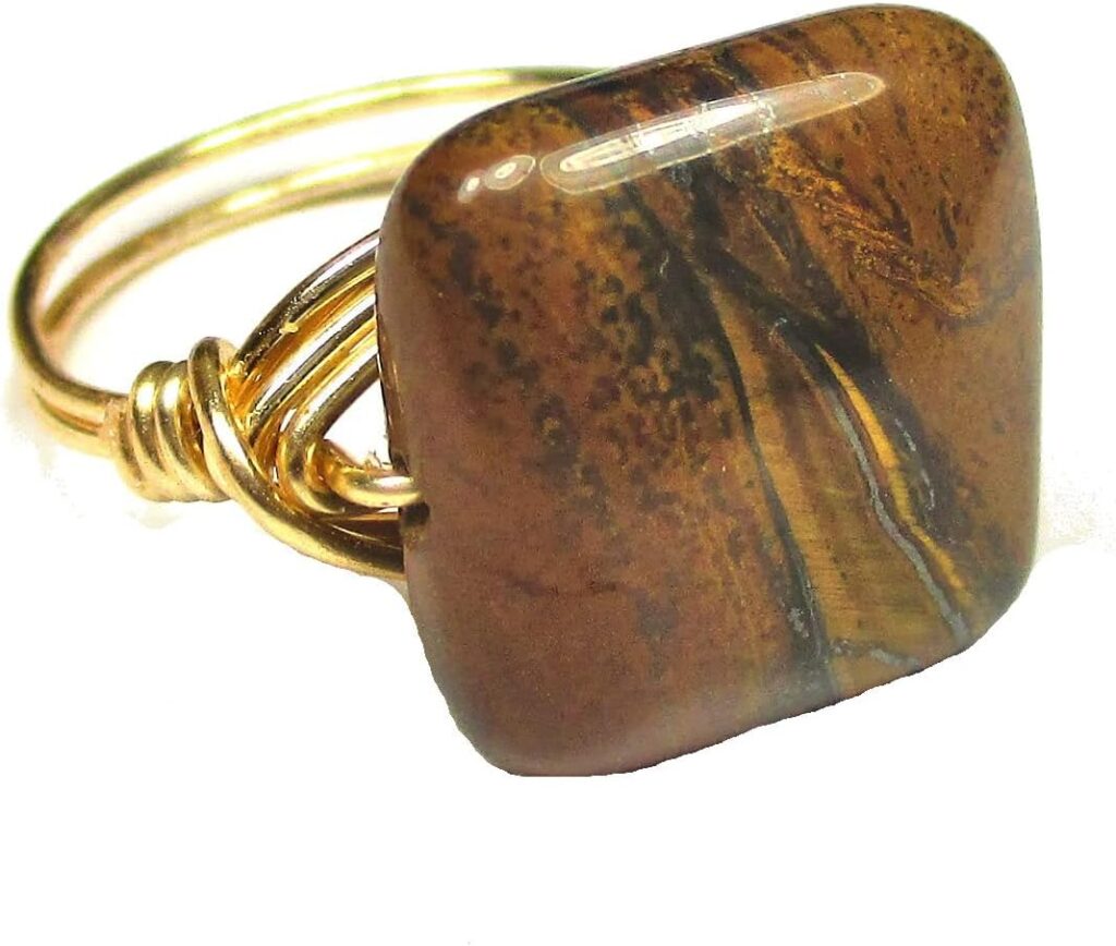 Yellow Tiger Iron Gemstone Artisan Handmade Copper-Gold-Silver Solitaire Wire Wrap Women’s Ring Jewelry Gift for Her Hand-Crafted in USA