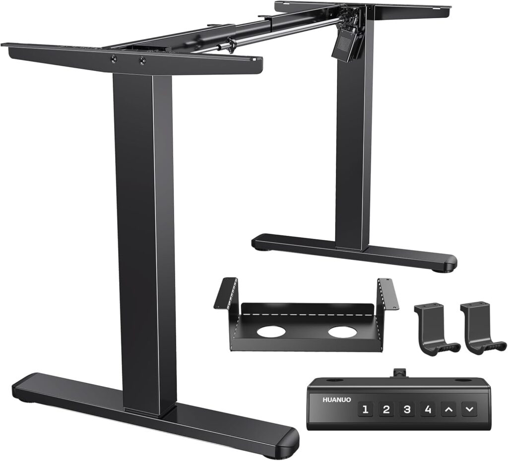 HUANUO Standing Desk Frame with 220lbs Powerful Brushless Motor, Thick T-Shaped Adjustable Desk Legs Made of Automotive-Grade Steel, for Max 75″ x 35″ Desktop, for Home Office, Black Frame Only