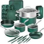 Granitestone 21Pcs Pots and Pans Set Non Stick Cookware Set with Knives, Bakeware, and Steamer, Non Toxic PFOA PFOS PFAS PTFE Free, Ergonomic Stay Cool Steel Handles, Dishwasher & Oven Safe