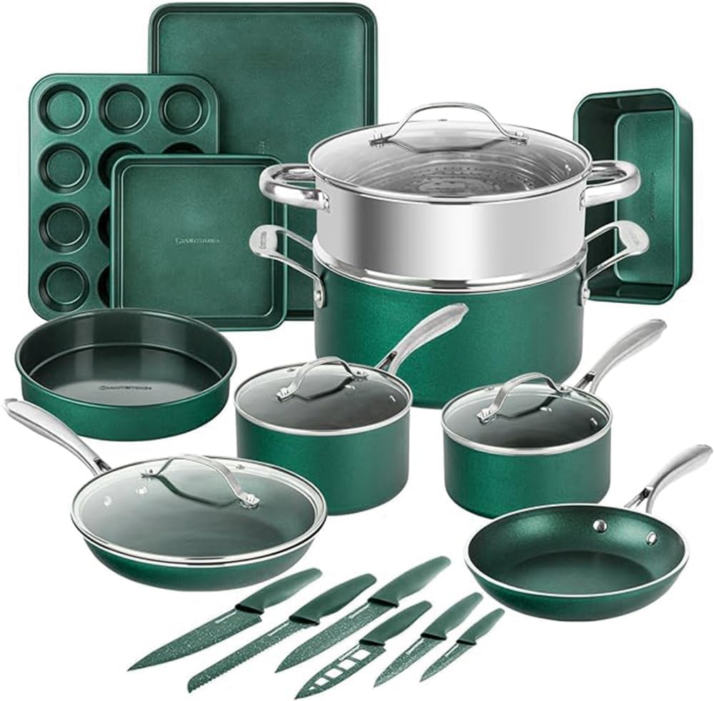 Granitestone 21Pcs Pots and Pans Set Non Stick Cookware Set with Knives, Bakeware, and Steamer, Non Toxic PFOA PFOS PFAS PTFE Free, Ergonomic Stay Cool Steel Handles, Dishwasher & Oven Safe
