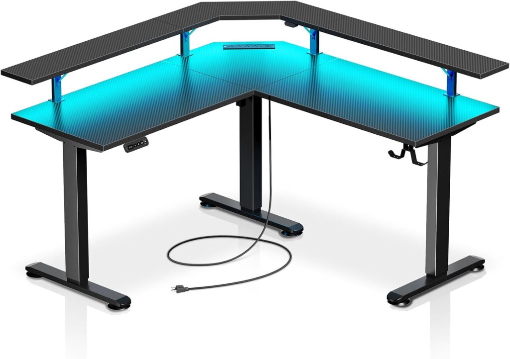 Rolanstar Standing Desk L Shaped with LED Light and Power Outlet, Electric Height Adjustable Desk with Monitor Stand, Carbon Fiber