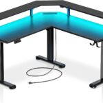 Rolanstar Standing Desk L Shaped with LED Light and Power Outlet, Electric Height Adjustable Desk with Monitor Stand, Carbon Fiber