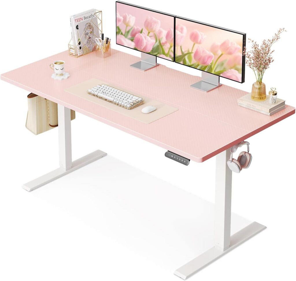 OffiGo Electric Height Adjustable Standing Desk, 48 Inch Pink Computer Desk for Women Girls, Sit Stand Table for Home, Office, Bedroom