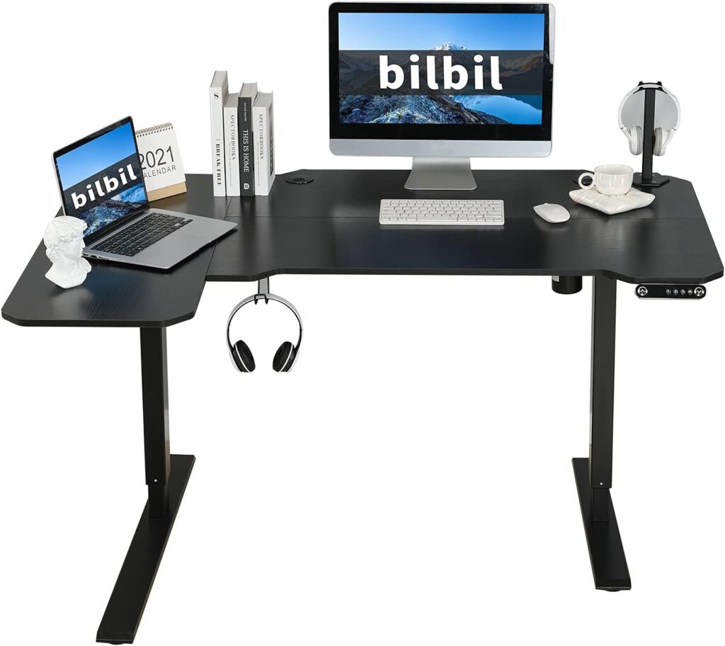 bilbil 59 Inches L-Shaped Electric Height Adjustable Standing Desk, Stand Up Home Office Desk with 4 Memory Preset Options, Double-Beam Construction, Anti-Collision Technology