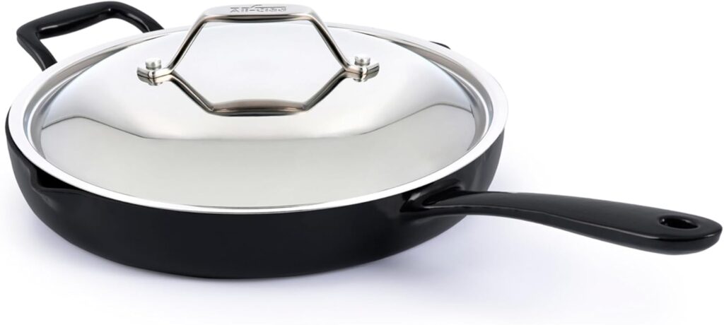 All-Clad Cast Iron Skillet – 12” Enameled Cast Iron Pan with Lid, Enamel Coating, Grill, Oven Safe up to 650°F & Compatible with All Stovetops (Gas, Electric & Induction), Easy-Clean Frying Pan, Black
