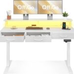 OffiGo Electric Standing Desk with Drawers, 55 Inch Height Adjustable Desk with Power Outlets & LED Lights, Sit Stand Table with Monitor Stand for Home, Office, Workstation, White