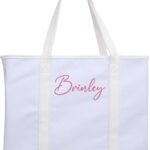 Personalized Tote Bag with Embroidery – Extra Large Canvas & Leather Handle Custom Monogram Bag 22″x16″x6″