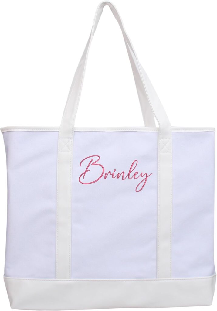 Personalized Tote Bag with Embroidery – Extra Large Canvas & Leather Handle Custom Monogram Bag 22″x16″x6″