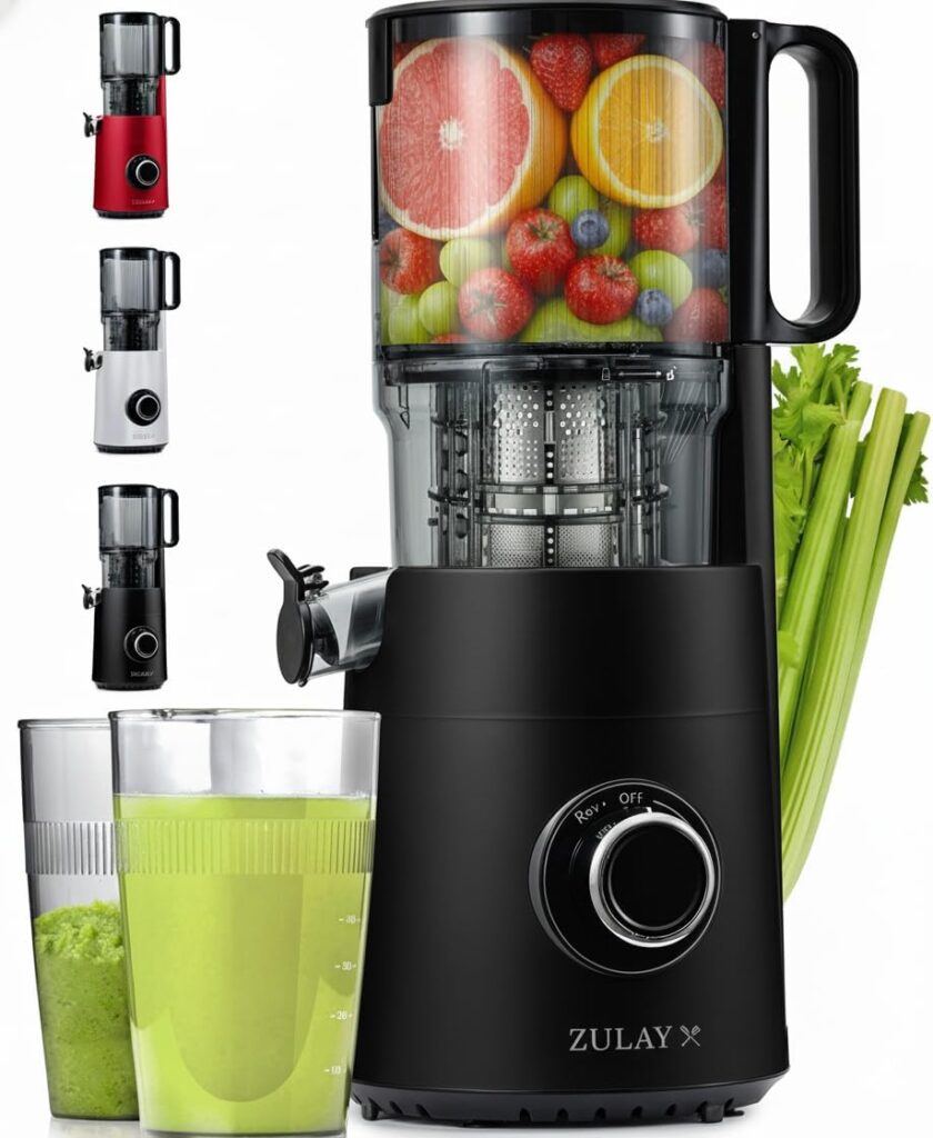 Zulay Kitchen Cold Press Juicer 5″ Wide Chute, 50 RPM Slow Masticating Juicer for Less Oxidation Patented for High Juice Yield, 4-Part Filtration, Stainless Steel Blades for Whole Fruits & Vegetables